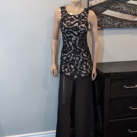 Saints + Secrets Lace Bodice Formal Maxi Dress Slit Chiffon Drop Waist Black - Picture 2 of 16